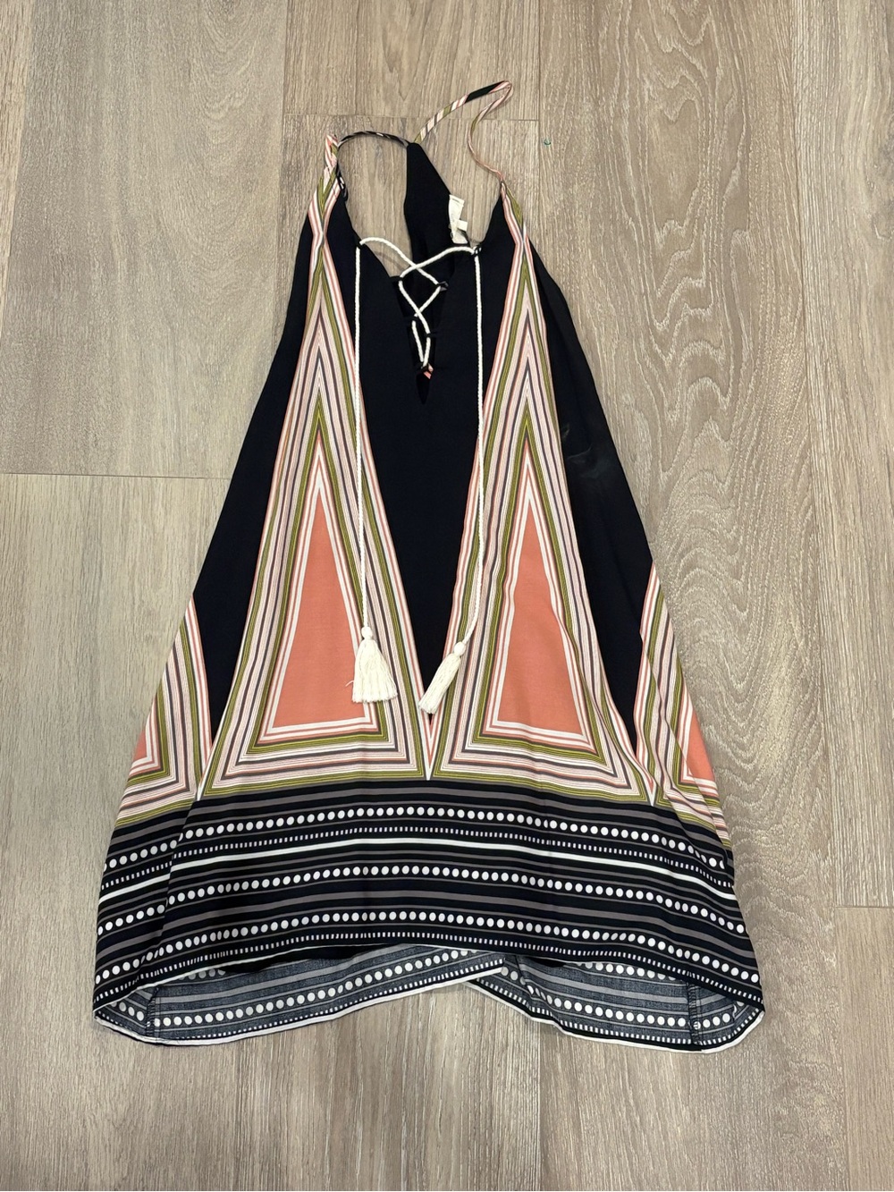 Black Spaghetti Strap Dress with Coral & Olive Geo Stripes
